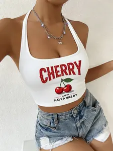 American Vintage Cherry Print Halter Top, Sexy Short Crop Tight Fit, Y2K Sweet Cool Style, High Waist Streetwear, Womenswear, Summer Layering Essential