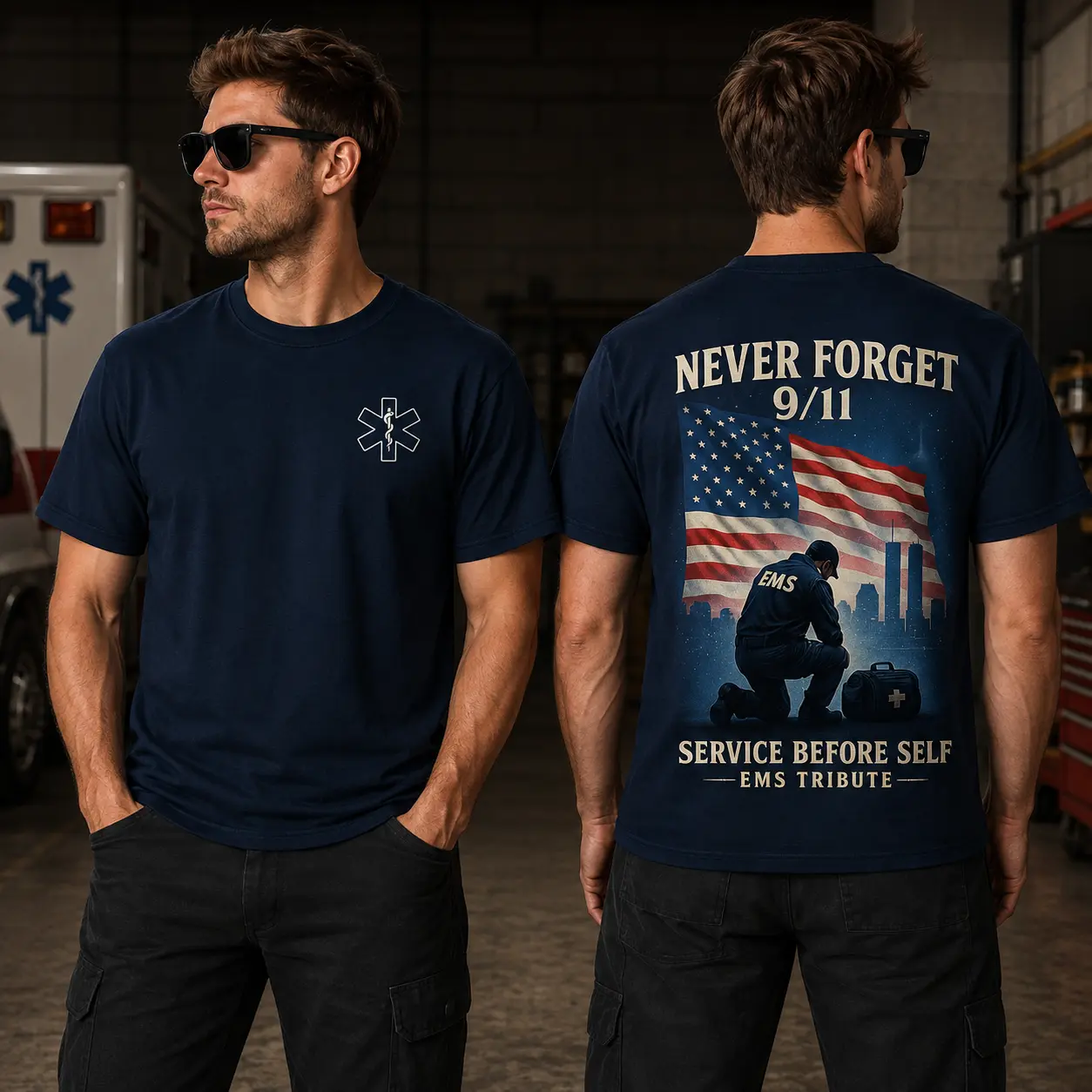 Never Forget 9/11 EMS Tribute T-Shirt, Service Before Self First Responder Graphic Tee for Men Women, EMT Paramedic Memorial Shirt, September 11 Remembrance T-Shirt, EMS Hero Gift