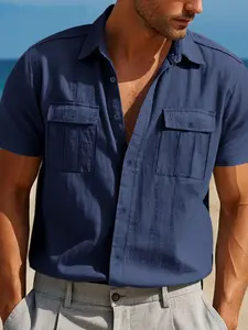 Men's Summer Short Sleeve Linen Shirt, Beachy Shirt, Pocket, Loose Fit Plain Design, Breathable Comfort Fabric, Ideal for Daily Wear & All Season Use, Casual Comfy Shirt, Casual Clothes