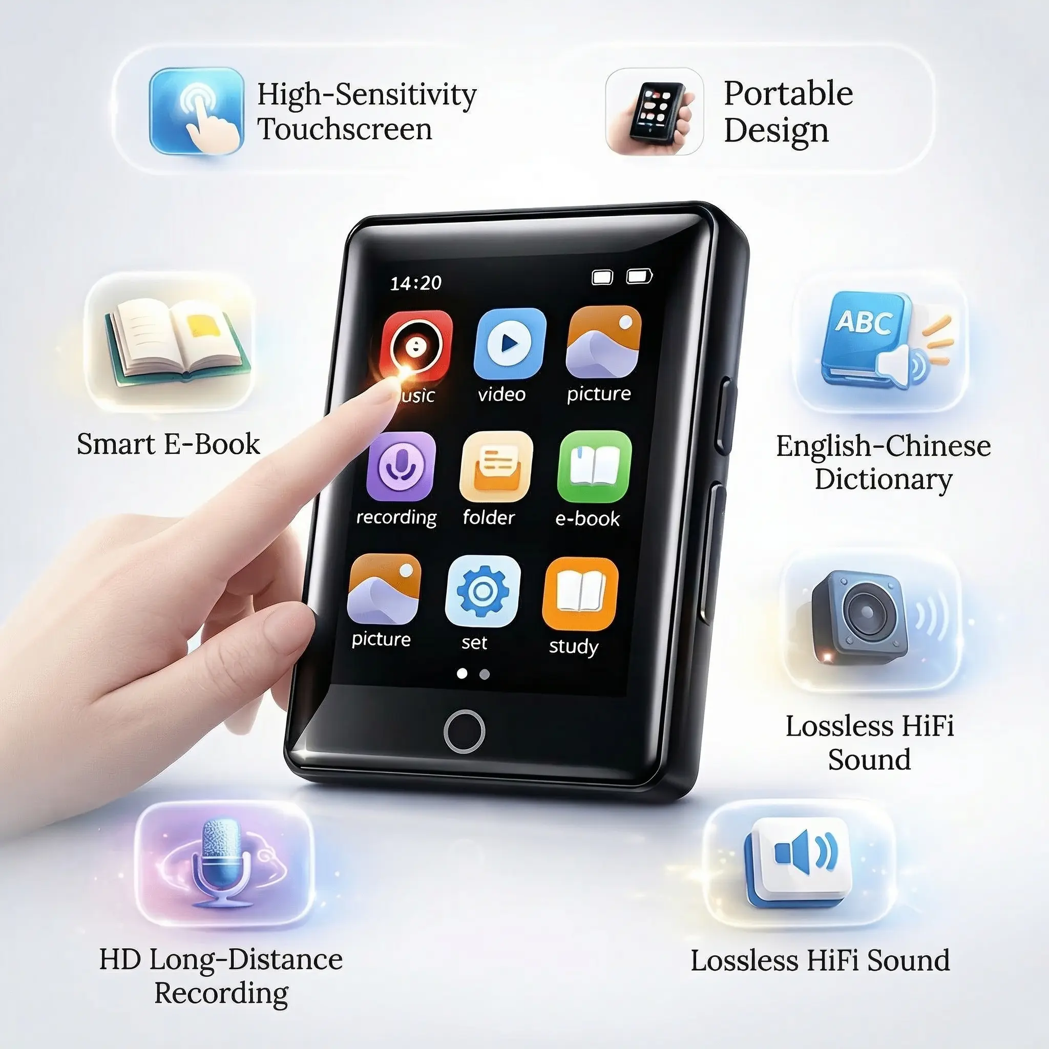 Compact MP3/MP4 Player with Full Touchscreen, Hi-Fi Audio, Mini Speaker, Video Playback, E-Book Reading, HD Recording, 128GB TF Card Expansion Support (Card Not Included) – Batteries-Powered Portable Device for Fathers