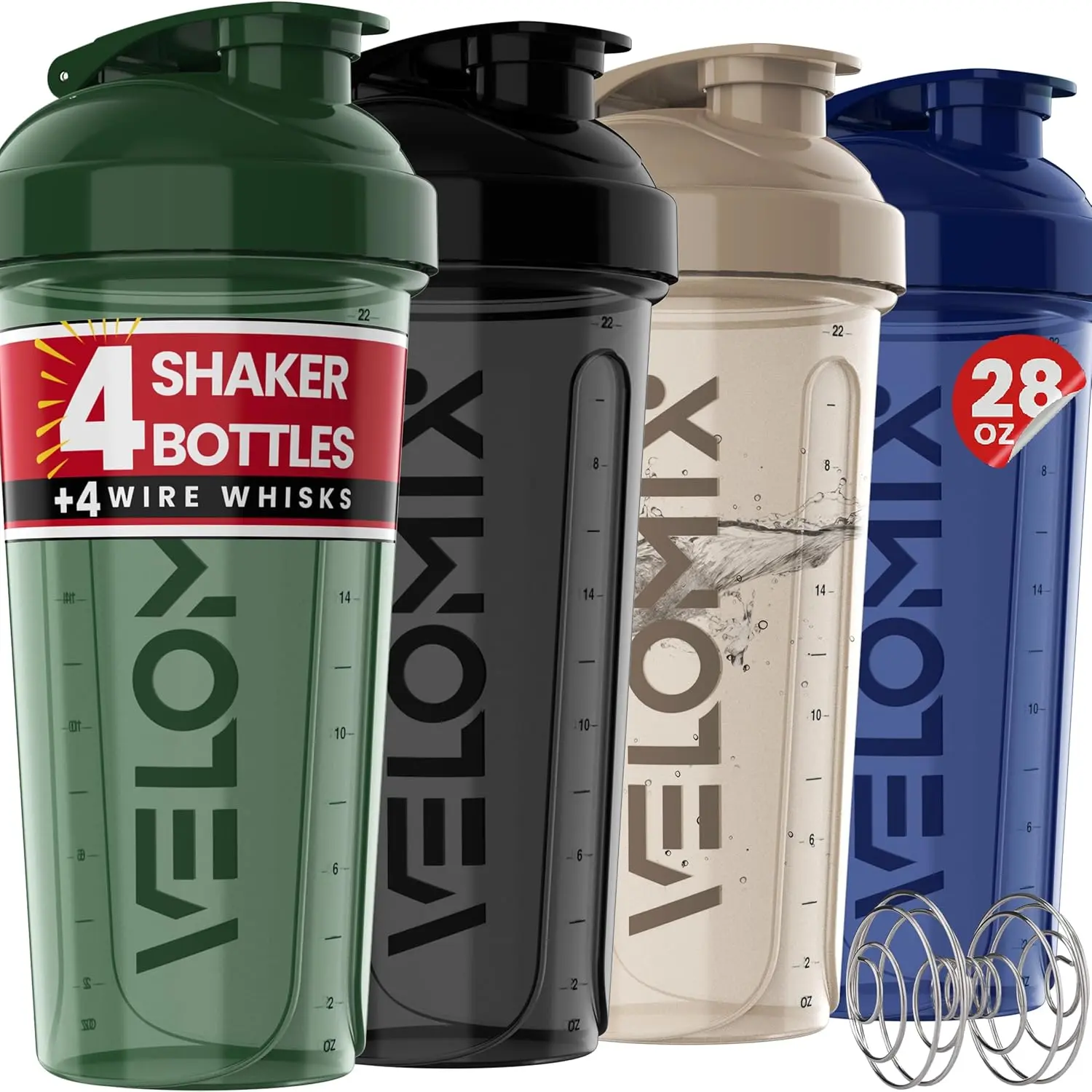 VELOMIX -4 PACK 28 Oz Protein Shaker Bottle for Protein Mixes - 4x Wire Whisk | Leak Proof Shaker Cups for Protein Shakes | Large, Stackable Protein Shaker Bottle Pack | Dishwasher Safe (Forest Edge) Double Wall