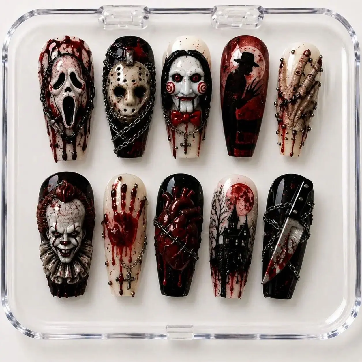 Handmade Horror Icons Press On Nails – 3D Slasher Movie Gothic Coffin Set