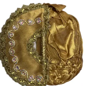 African Gele Wrap and Hand Fan with Majestic Jewels - Gold Colored