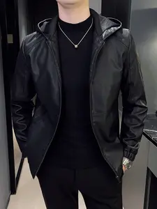 Men's Solid Color Hooded PU Leather Jacket, Zipper Front Long Sleeve Coat, Casual Fashion Outerwear for Fall & Winter
