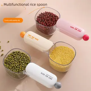 Dopamine Clip-On Rice Scoop Large Capacity Measuring Spoon Transparent Scale Design For Rice, Flour, Cereal & Grains Kitchen Helper with Sealing Clip BPA-Free Food-Grade Material Easy Grip Handle Space-Saving Essential Kitchen Gadget -RR