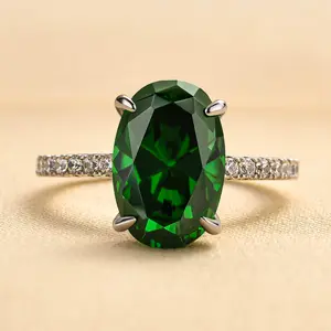 RODIFFY 3.5ct Classic Oval Cut Green Engagement Women Ring,5A Cubic Zirconia 925 Sterling Silver Half Eternity Band Promise Ring