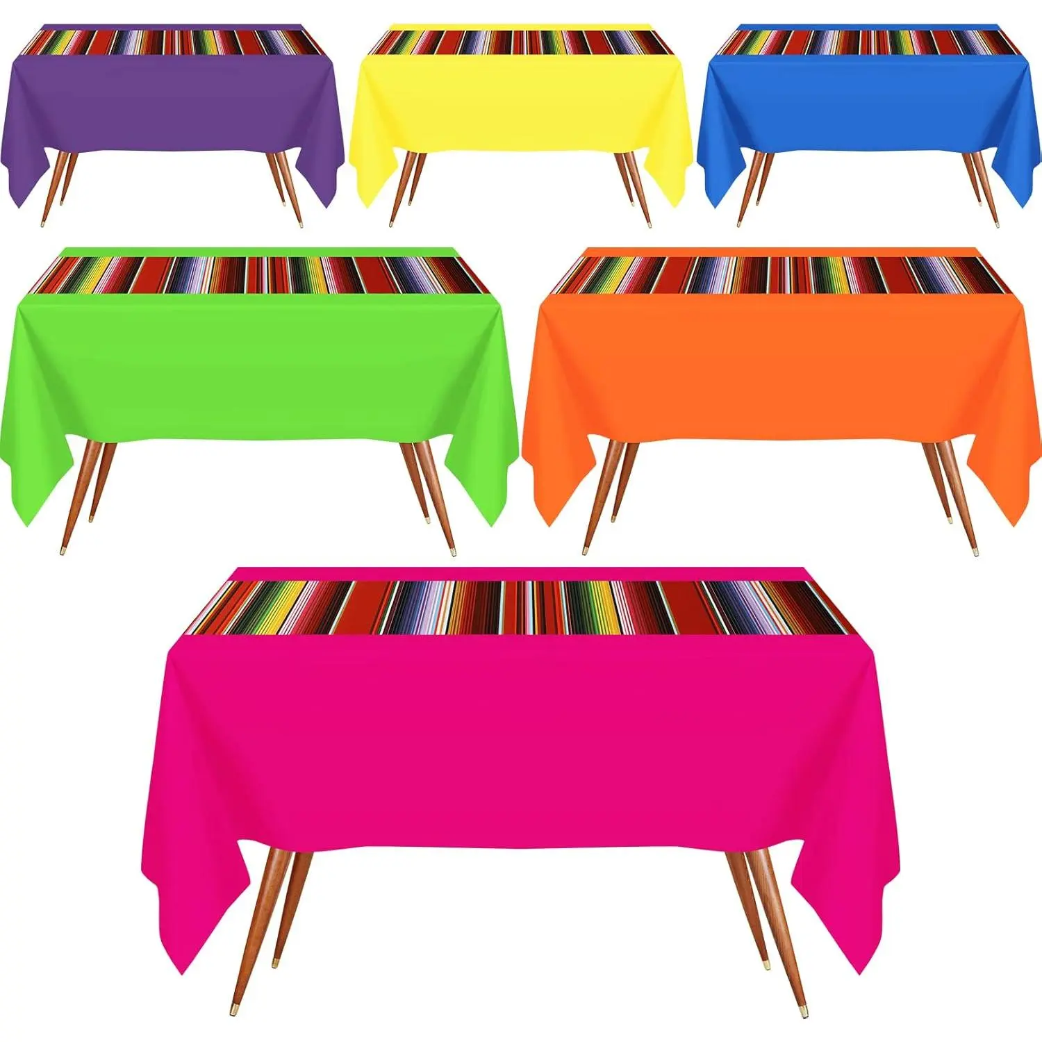 6-Pack Disposable Striped Rectangle Mexican Fiesta Plastic Tablecloths (54x108in), Party Props for Home Decor, Kitchen & Festive Party Supplies