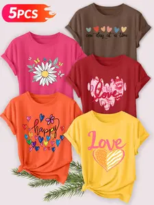 Women's 5-Pack Casual Crew Neck T-Shirt, Womenswear, Colorful Heart Slogan, Daisy & Butterfly, Multiple Colors Available, Machine Washable, Spring & Summer Top, Soft Skin-Friendly Fabric, Daily Versatile, Fashion Design