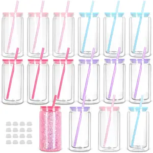 16 Oz Plastic Snow Globe Tumbler with Lid and Straw,16 Pack Double Wall Pre Drilled Plastic Mason Jar Cups Can for Snow Globe Glitter DIY (Mixed Colors)
