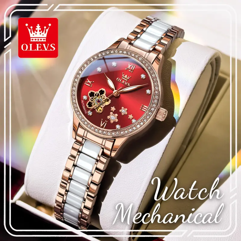Women's Elegant OLEVS 7074 Automatic Mechanical Watch - Hollow Sakura Floral Dial with Inlaid Rhinestones, Luminous Hands, Transparent Case Back, 2-Tone Steel Ceramic Strap, Daily Splash-Resistant Fashion Wristwatch, Ideal Gift for Women