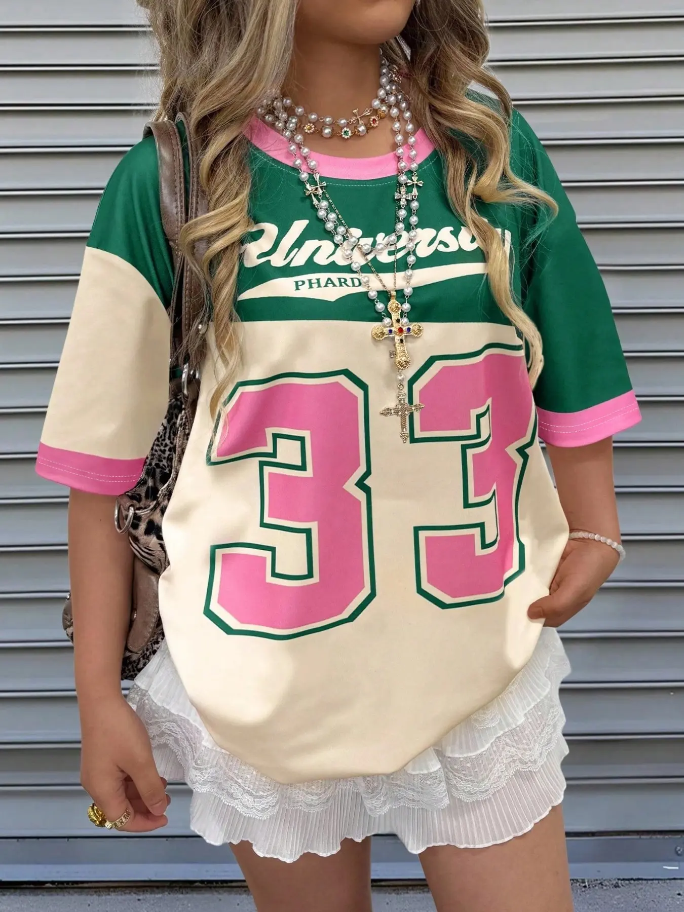 Vintage Sporty 33 Jersey Tee, Green & Pink Color Block University Print, Trendy Casual E-Girl Streetwear Oversized Loose Breathable Short Summer Top T-Shirt.
