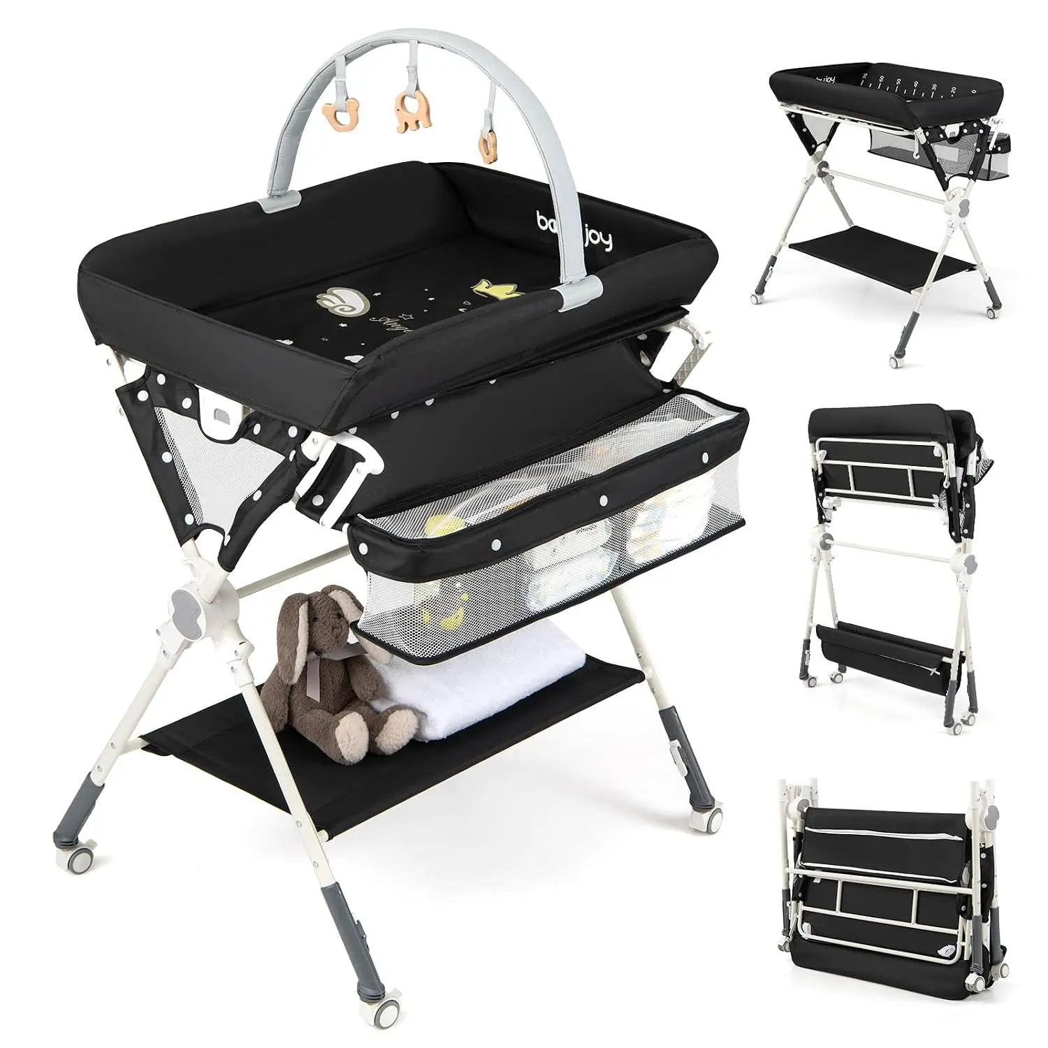 Costzon Portable Baby Changing Table, Foldable Diaper Changing Station with Wheels, Adjustable Height, Large Storage Rack, Removable Activity Arch, Mobile Nursery Organizer for Newborn Infant