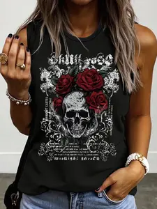 Women's Casual Loose-Fitting Sleeveless Round Neck Tank Top, Floral Skull Flower Graphic Print, Soft Summer Top for Everyday Wear and Gatherings