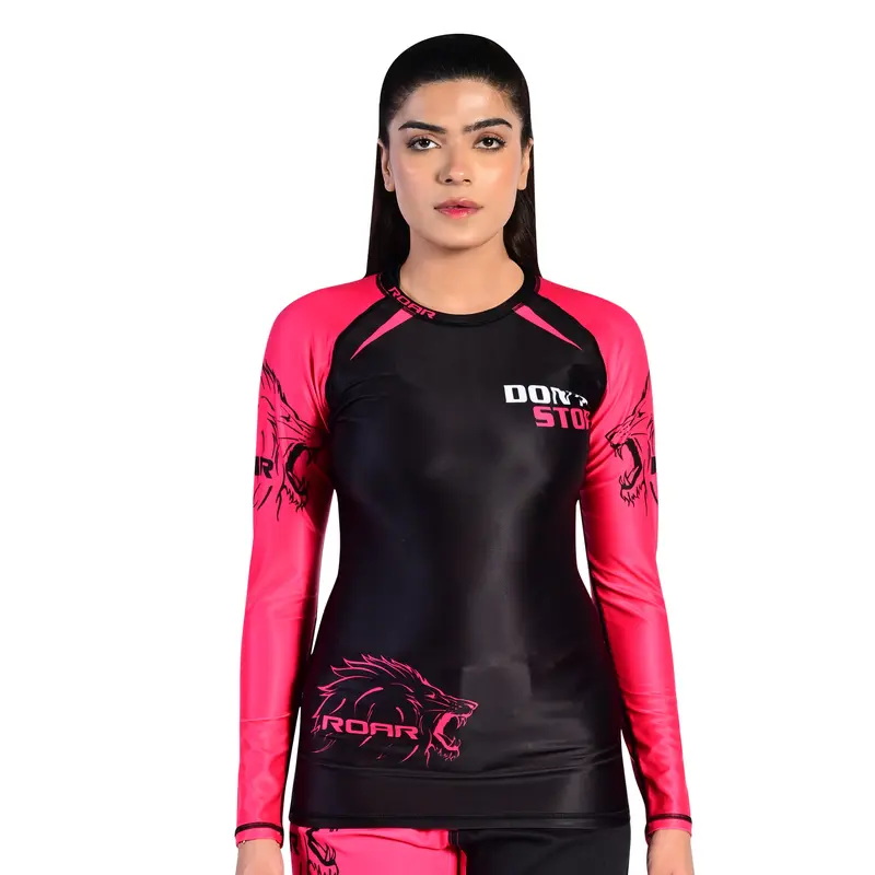 ROAR-INT Pink-Black Women MMA BJJ Jiu-Jitsu No-Gi Grappling Fight Gear Full Sleeve Rash Guard