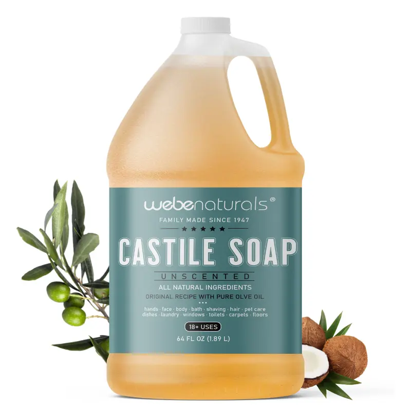 Webe Naturals 64oz Unscented Castile Soap – Large Refill Size, Gentle for Sensitive Skin, Baby Safe & Eczema Friendly – Multi-Purpose Soap for Face, Body, Hair, Dishes, Laundry & Pets, Vegan, Plant-Based, Made in USA Cleanser Cleansing