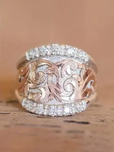Vintage Zircon Floral Textured Metal Ring, Elegant Ring, Signet Ring, Fashion Stackable Ring Jewelry Accessories for Women & Girls Wedding Party