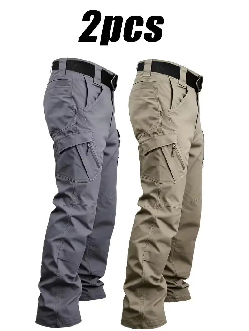 Men's 2-Piece Tactical Cargo Trousers, Menswear, Mid-Rise Zip Tailored Fit, Multi-Pocket, Durable Breathable Polyester, All-Season, Stylish Casual, Ideal for Construction Work.