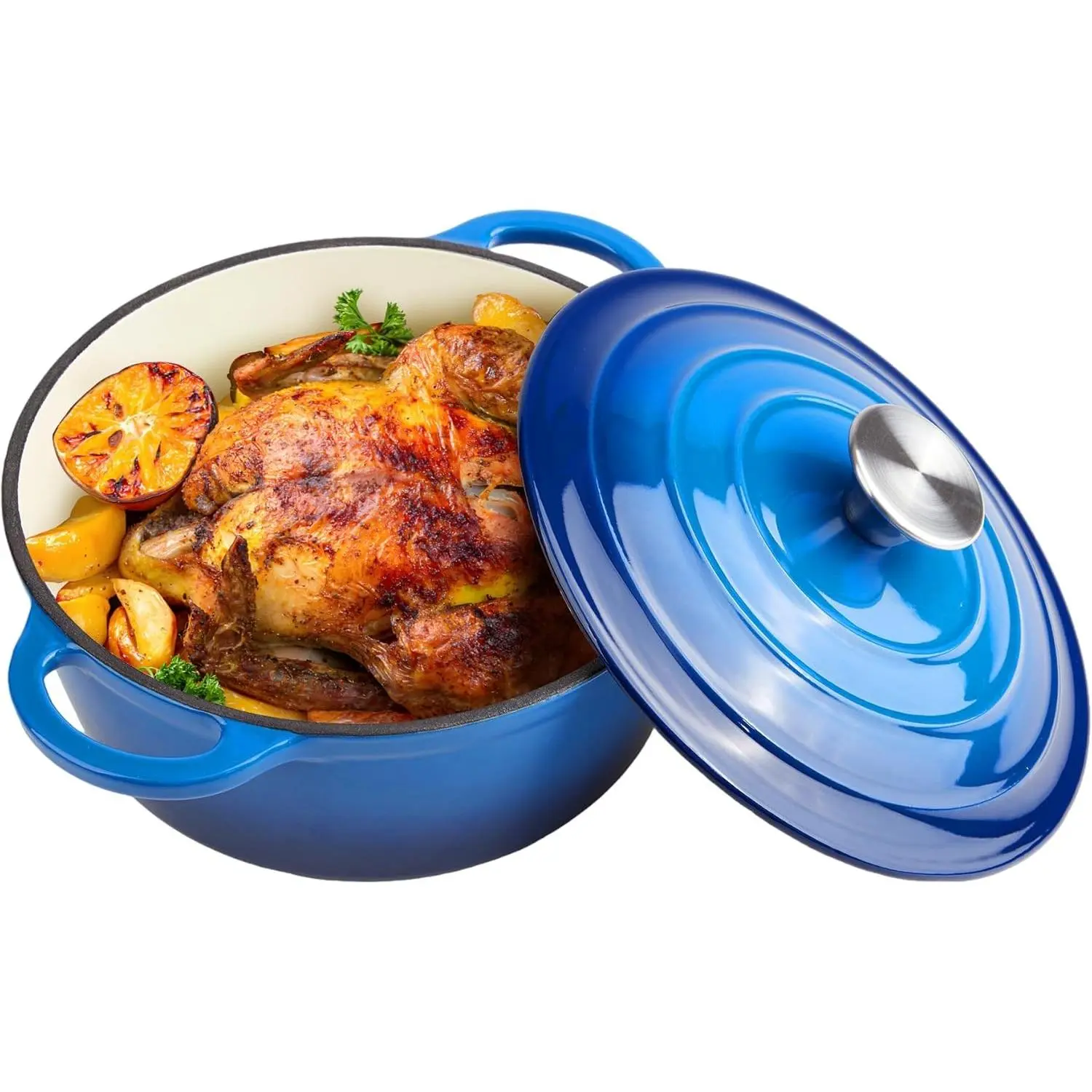 6 Quart Dutch Oven Enameled Cast Iron with Lid - Big Dual Handles - Oven Safe up to 500°F - Classic Round Pot for Versatile Cooking (Blue, 6 QT)