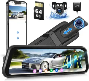 4K Rear View Mirror Camera, 9.66" IPS Mirror Dash Cam Front and Rear for Car with 64GB Card, Touch Screen Rear View Mirror Backup Camera with Night Vision, G-Sensor, WiFi, GPS, BSD, LCA, DVR