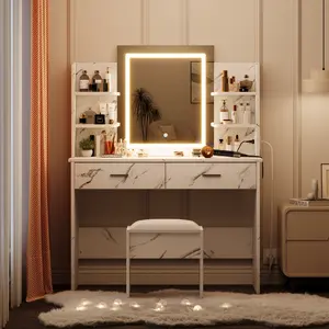 Marble White Makeup Vanity Desk with Mirror & LED Lights Vanity Set with Power Outlet Cushioned Stool 3 Adjustable Lighting Colors 2 Drawers & 6 Storage Shelves Modern Dressing Table for Bedroom