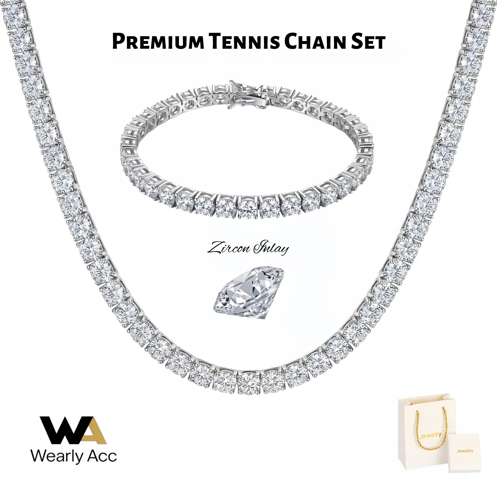 3mm Sparkling Tennis Necklace & Bracelet Set, Unisex 925 Silver Plated AAA Cubic Zirconia, Durable Construction for Everyday Wear & Business Casual Outfits, Anniversary Gift for Grandpa, Hypoallergenic, 7 Inch, Sparkles