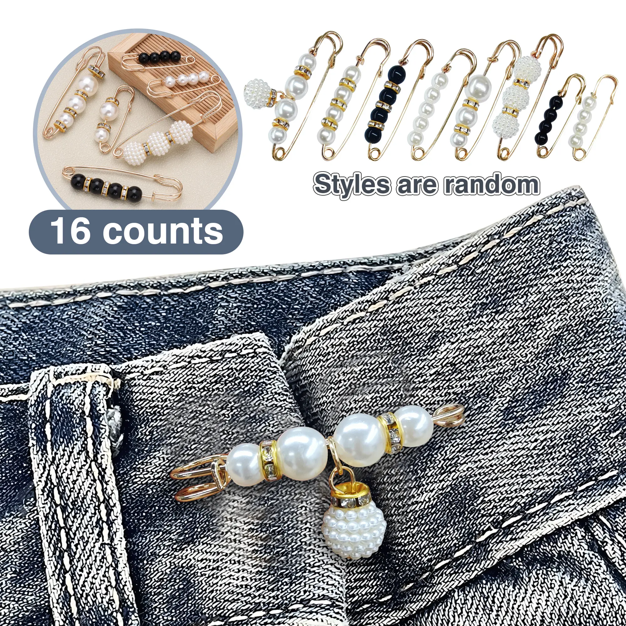 16 Counts Pearl Brooch Pins, Pant Tightener, No Sewing Sweater Shawl Safety Pins Cardigan Collar Safety Pins for Women Faux Pearl Clothing Dresses Decoration, Mixed Style Assortment