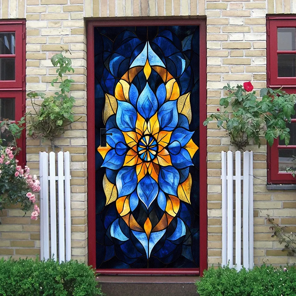 2pcs European Retro Church Stained Glass Style Decorative Vinyl Wall Stickers Stereo Self Adhesive Waterproof Door Stickers Living Room Corridor Background Wall Decals Colorful Art Pattern Window Stickers Remo Removable Window Decal