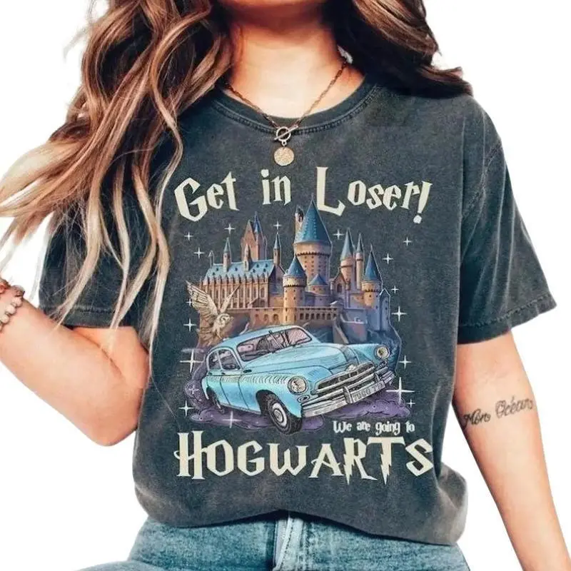Women's "Get In Loser" Hogwarts Graphic T-Shirt - Cotton, Crew Neck, Short-Sleeve, Regular Fit, Machine Washable Wizard Adventure Tops for Fans