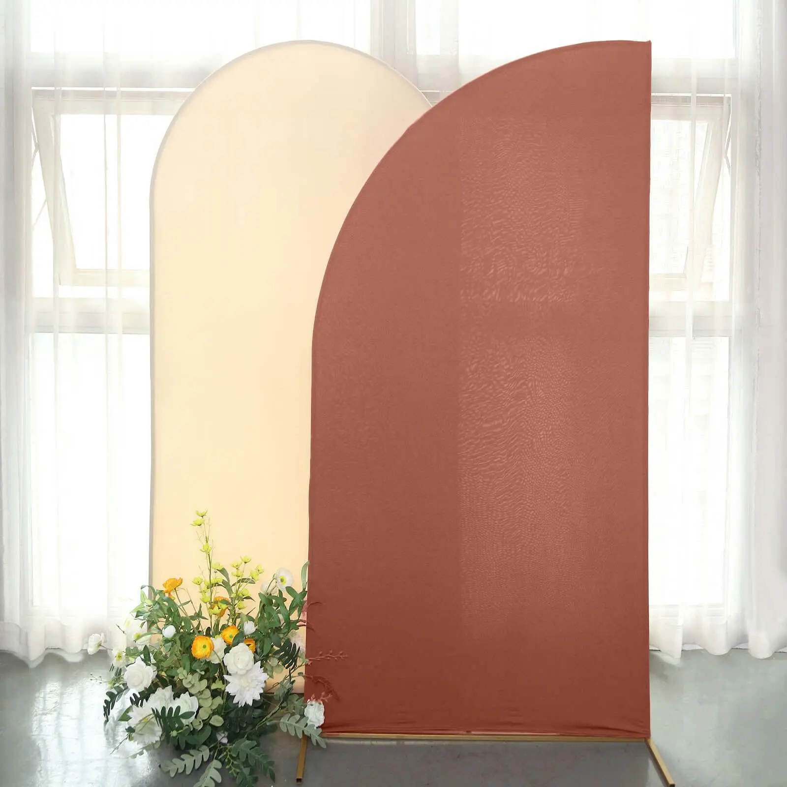 7ft Matte Terracotta (Rust) Spandex Half Moon Chiara Backdrop Stand Cover, Custom-Fitted Round Top Photo Backdrop for Weddings, Photo Backdrops, Round Top Backdrop