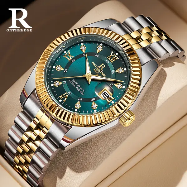 ONTHEEDGE Men’s Luxury Waterproof Stainless Steel Casual Analog Watch - Turquoise Dial, Date Display, Luminescent Hands, Modern Wristwatch, Ideal for Parties, Unique Mens Gifts, Gift for Him, Fashion Men's Accessory, Men's Accessories