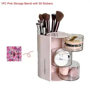 50 Stickers + Three-Layer Rotating Storage Bucket, Multi-Functional Dustproof Organizer, Makeup Brush Holder, Desktop Vanity Tray