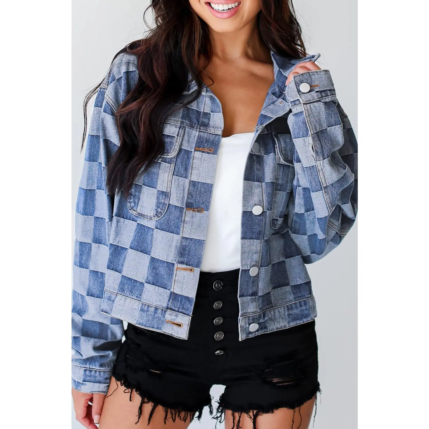 Light Blue Checkered Patchwork Button up Denim Jacket