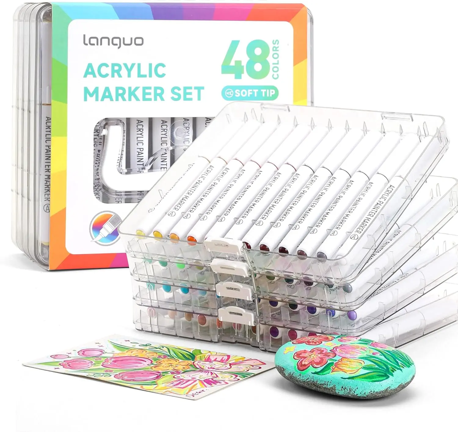 Languo 48-Colors Acrylic Paint Markers Set, Multifunctional Paint Brush Tip Pens with Automatic Ink Control & Canvas Bag, Office Art Supplies for Fabric, Wood, Glass DIY Crafts