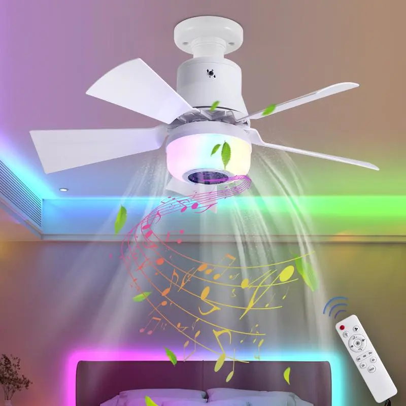 Multifunctional RGB Bluetooth Speaker Ceiling Fan Light -E27 Screw Base LED Lamp with Detachable Blades,Household Appliance for Bedroom, Living Room