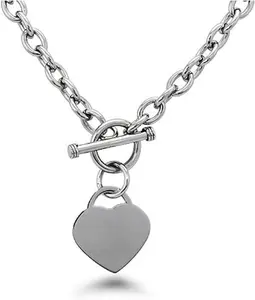 High Polished Stainless Steel Heart Charm  Chain Necklace with Toggle Clasp  Length 16"- 25"
