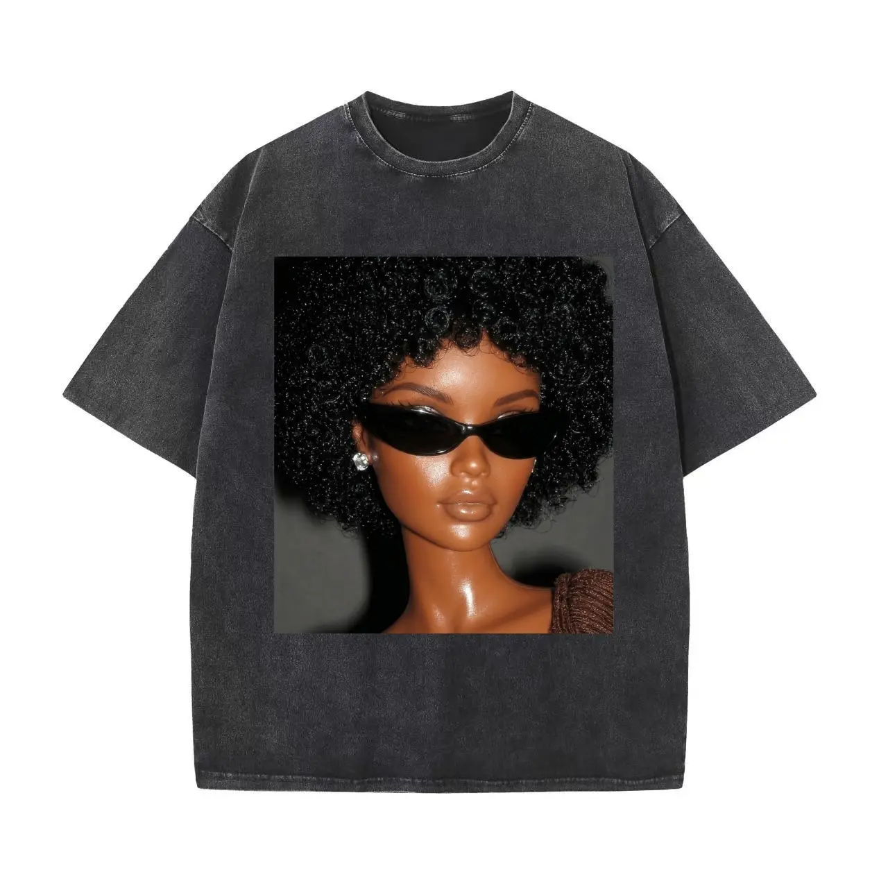 Women's men's Y2K Aesthetic Vintage Washed Graphic T-Shirt - Unisex Oversized Crewneck, Afro Black Barbie Sunglasses Doll Print, Breathable Streetwear Tee
