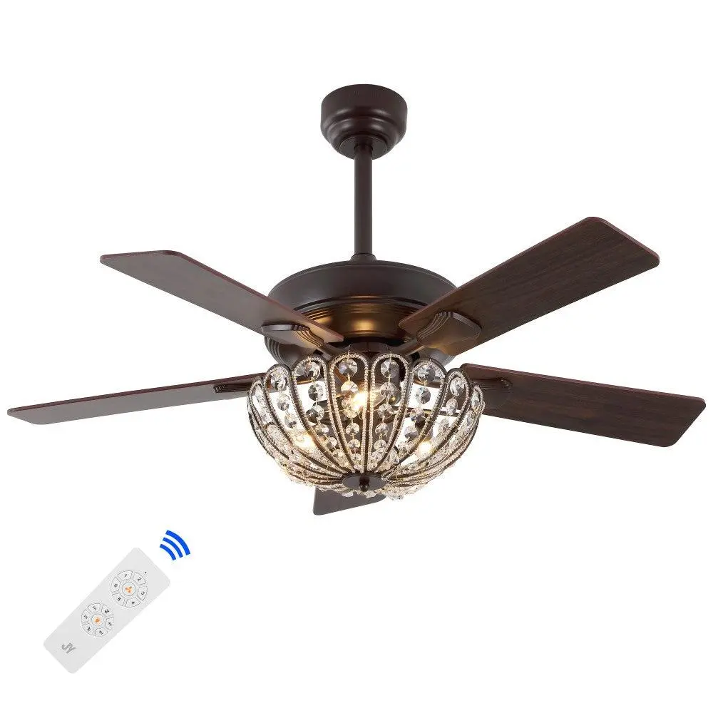 Reva 42" 3-Light Modern Coastal 6-Speed Metal-Crystal Scalloped Bowl Shade LED Fandelier, Mobile-App & Remote-Controlled Indoor Led Lights Ceiling Fixture