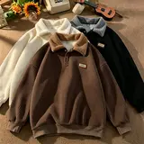 2026 NEW Corduroy Polo collar sweater couple autumn and winter style plus velvet thickened simple fashion lamb wool coat Comfort Long Sleeve