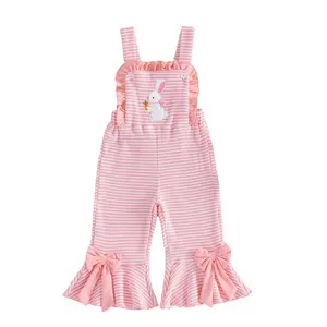 Toddler Baby Girl Easter Outfit​ Bunny Carrot Print Sleeveless Romper Summer Overalls Jumpsuit Cute Bell Bottoms