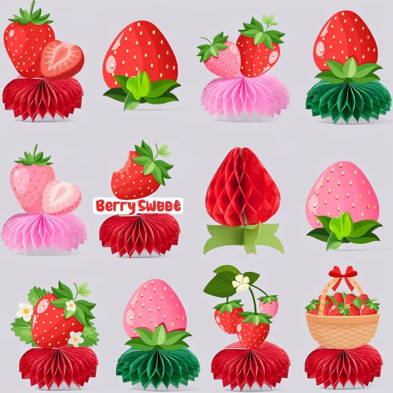 Sweet Strawberry Party Decorations, 12 Pcs Red & Pink Strawberry Honeycomb Centerpieces Table Toppers for Spring Summer Strawberry Theme Party, Birthday & Baby Shower Supplies
