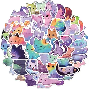 Cute Cat Stickers 50 Pcs - Aesthetic Rainbow Starry Sky Vinyl Waterproof Stickers for Water Bottles, Laptops, Phones, Skateboards & More