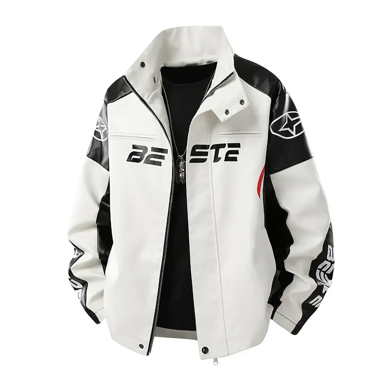 BE STE White & Black Motorcycle Jacket with Bold Logo Design and Zipper Closure