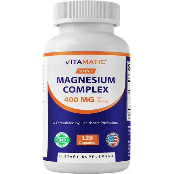 Vitamatic 10in1 Hypoallergenic Magnesium Complex - 400mg Elemental MG (Bisglycinate, Citrate, Taurate, Malate, Aspartate, Oxide, Gluconate, Lysinate Glycinate, Orotate, Succinate) - 120 Capsules, GMP Cert., Supports Bone & Heart Health