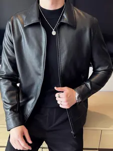 Men's Regular Fit Solid Zipper Pocket PU Leather Jacket, Casual Long Sleeve Collar Outerwear for All Seasons, Fashion Men's Clothing for Daily Wear
