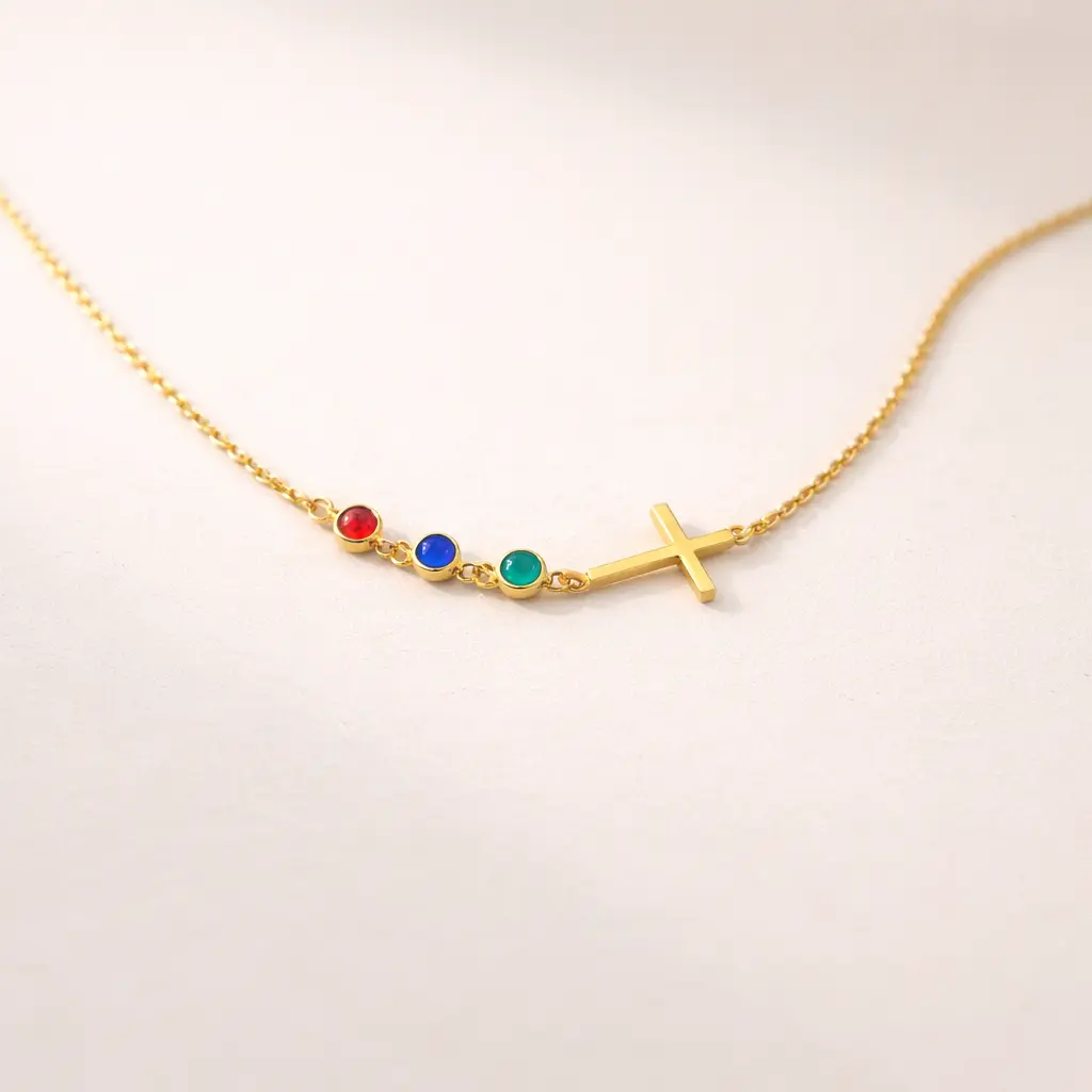 Cross Birthstone Necklace, Custom Birthstone Necklace, Multiple Family Birthstone Pendant, Cross Religious Necklace, Cross Christian Pendant