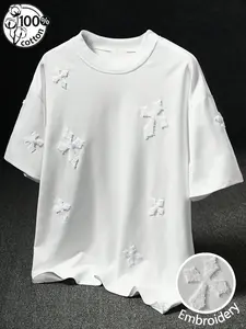 Unisex Multi-Color 100% Cotton Gothic Cross Towel Embroidery Oversized T-Shirt | Y2K Grunge High Street American Retro Streetwear Top
