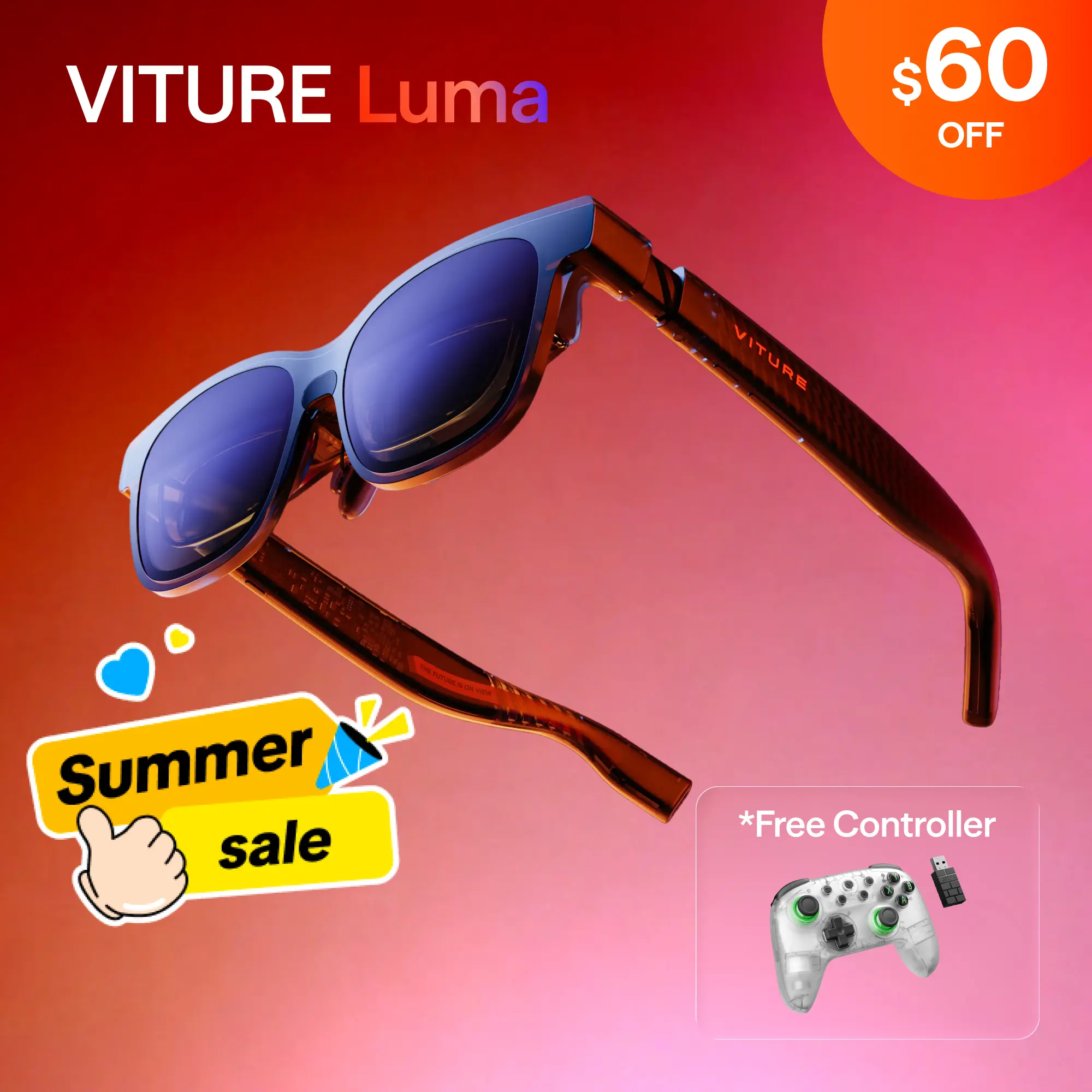 VITURE Luma XR Glasses, Smart Glasses 146” 1200p Ultra Sharp Display 1000 Nits 50° FOV Dimming Adjustments USB-C for iPhone Android Mac PC Steam Deck Switch 2
