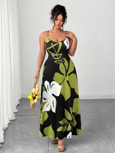 Plus Size Long Dress for Women, Casual Wear, Summer, Italian Strap Design, High Contrast Tropical Floral Print, High Waist A-Line Skirt, Perfect for Beach & Parties
