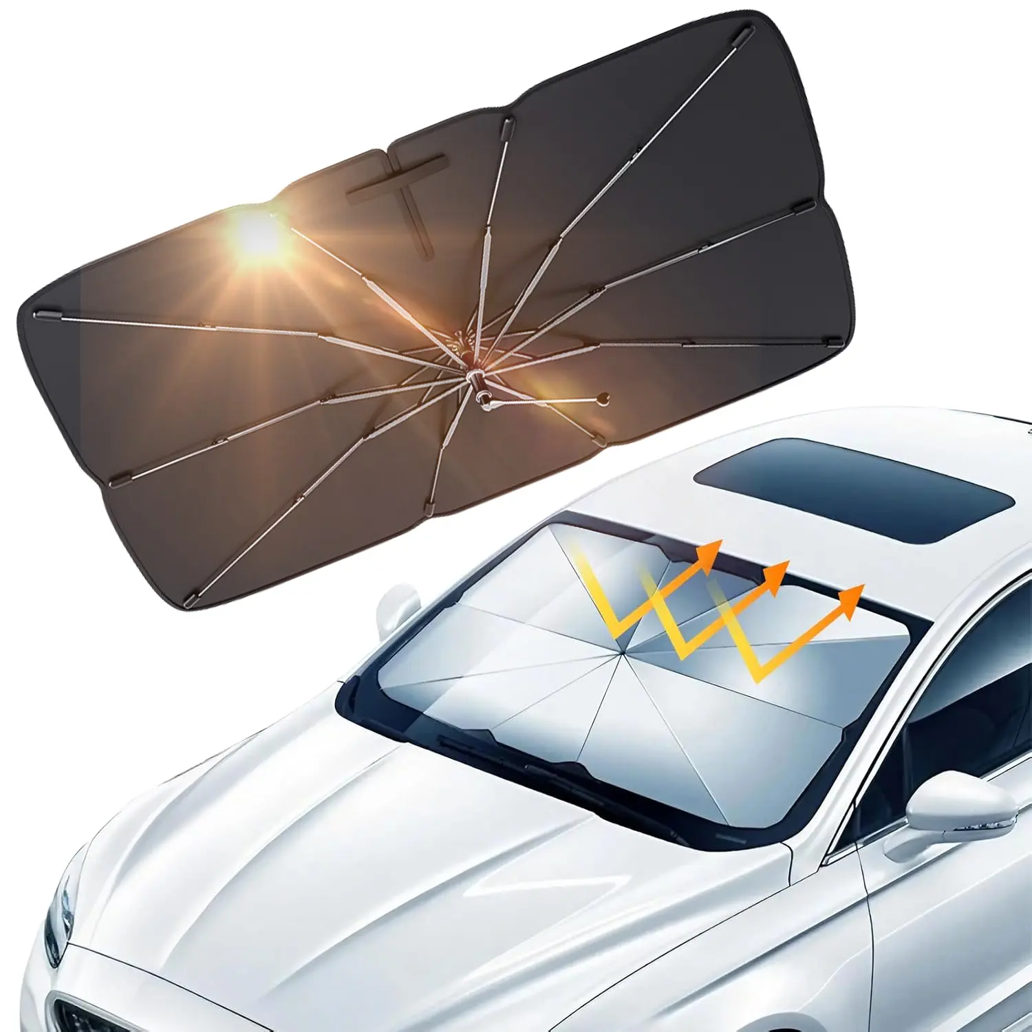 Car Windshield Sun Shade Umbrella, 55.12*31.1inch UPF 50+ Foldable Sun Visor for Car, Blocks UV Rays & Heat, Fits Most Cars