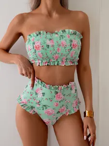 Women's Halter Bikini Set, Floral Print, Sexy Wrap Top, Two-Piece Swimsuit, Vacation Style, Fitted, All Seasons, Floral Print Swimsuits